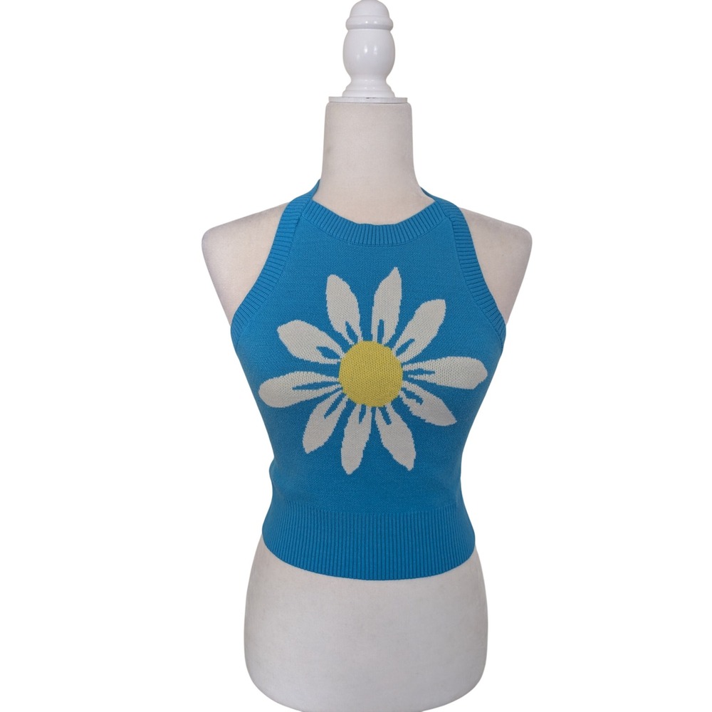 My Michelle Womens Blue Daisy Intarsia Knit Halter Sweater Tank Top Small